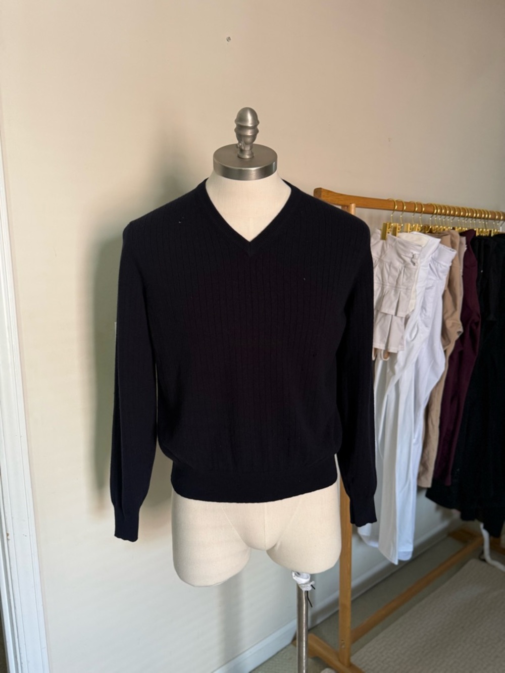 Ralph Lauren Purple Label Cashmere Midnight Blue V-Neck Ribbed Knit Sweater